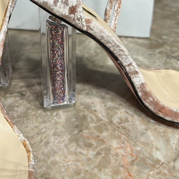Qupid pink crushed velvet 4” square glitter heels. Clear ,sheer at toes,EC ,box - Picture 11 of 12